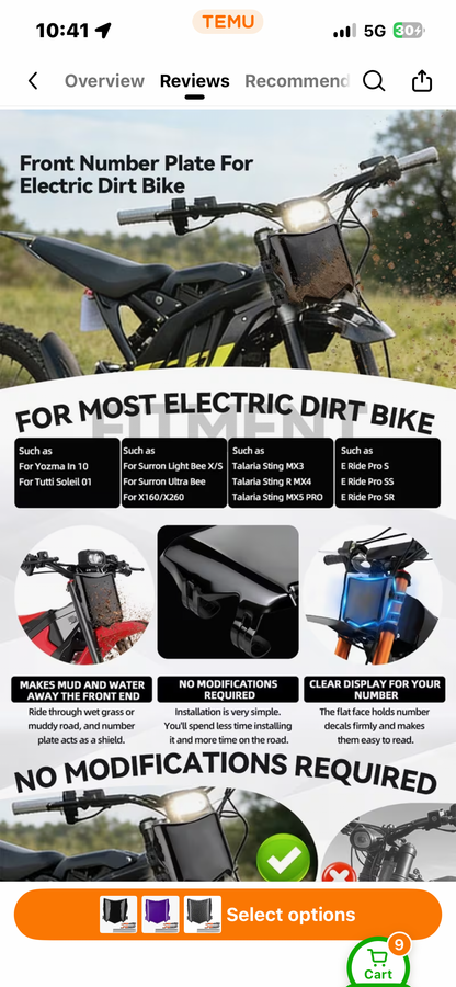 Electric DirtBike Front Number Plate with 2pcs JFG Stickers